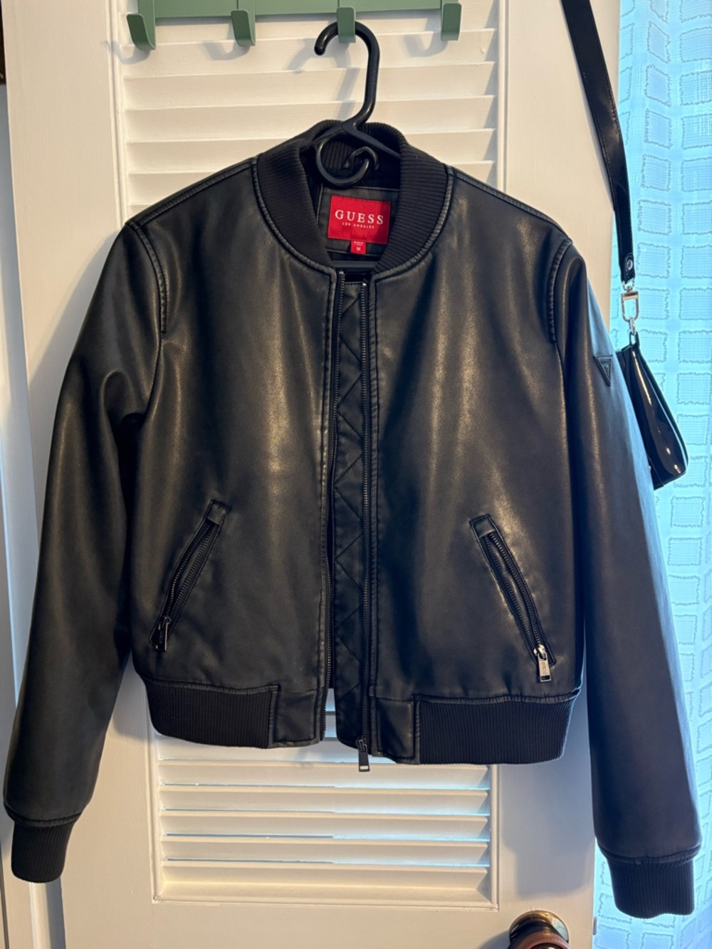 GUESS Black Faux Leather Bomber Jacket with Ribbed Trim